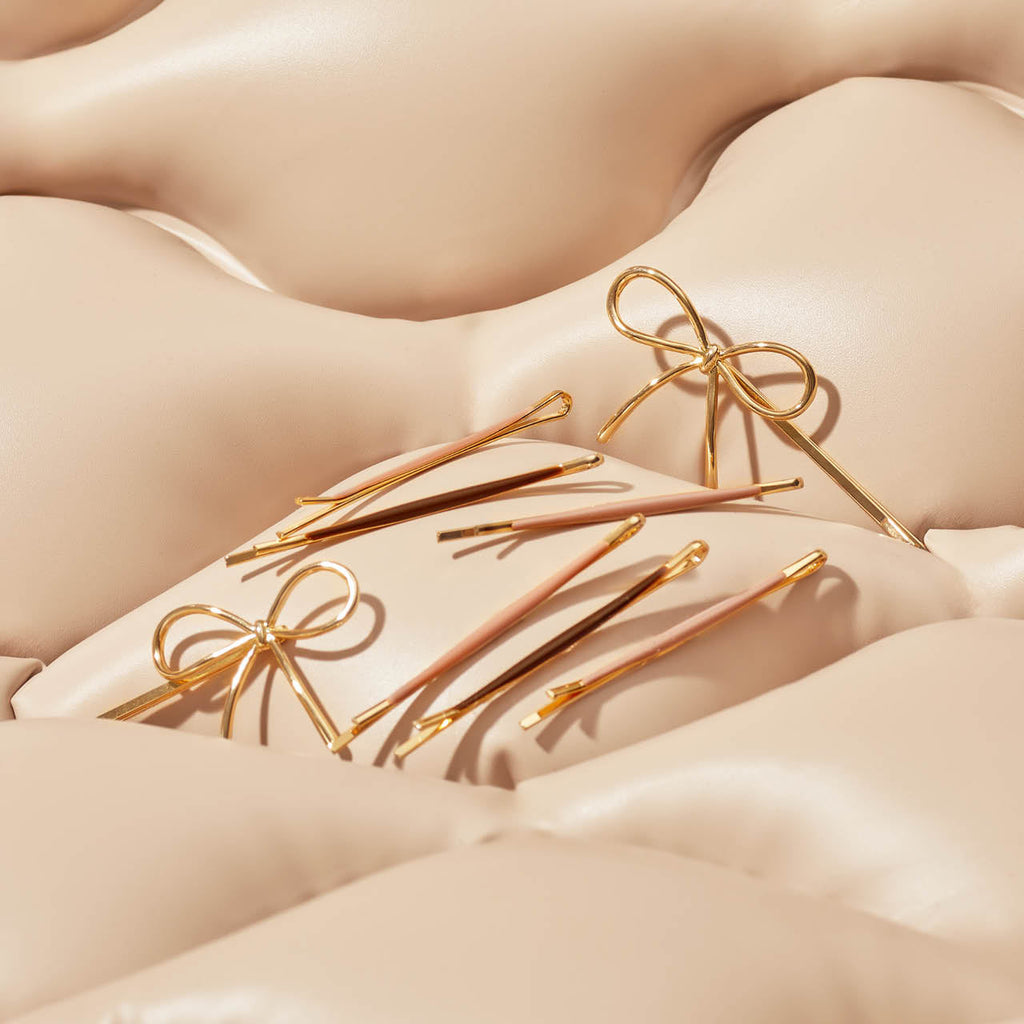 Metal Enamel Puffy & Bow Bobby Pins 8pc Set- Rosewood