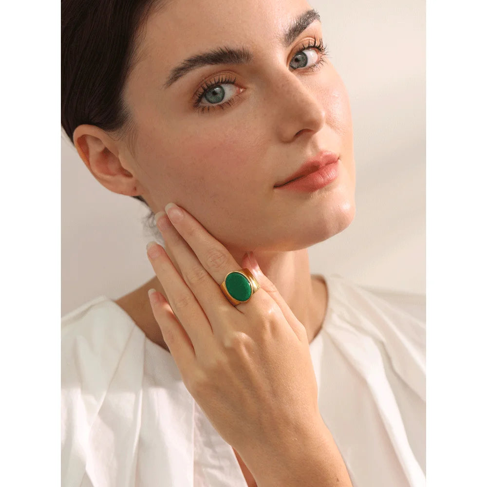 Yhpup PVD Plated Stone Stainless Steel Gold Color Wide Ring Summer Trendy Fashion Jewelry Accessories Bijoux