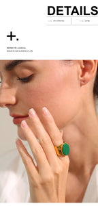 Yhpup PVD Plated Stone Stainless Steel Gold Color Wide Ring Summer Trendy Fashion Jewelry Accessories Bijoux