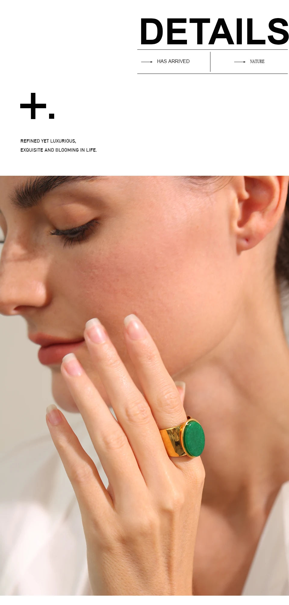 Yhpup PVD Plated Stone Stainless Steel Gold Color Wide Ring Summer Trendy Fashion Jewelry Accessories Bijoux