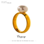 Yhpup Elegant Shell Pearl Ring Fashion Gold Stainless Steel Metal Texture 18 K Plated Geometric Charm Jewelry Women Engagement