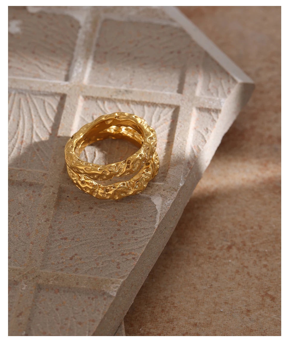 Yhpup Stainless Steel Round Rings For Women Gold Texture Metal 18 K Plated Statement Trendy Jewelry Bagues Pour Femme Gift