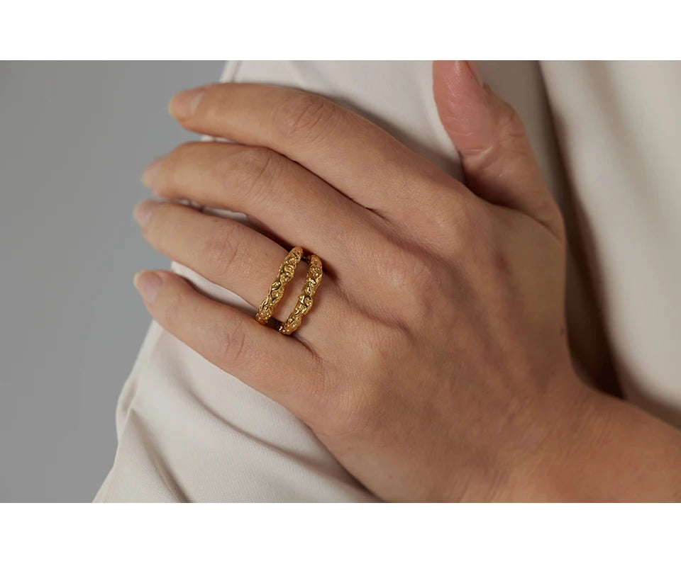 Yhpup Stainless Steel Round Rings For Women Gold Texture Metal 18 K Plated Statement Trendy Jewelry Bagues Pour Femme Gift