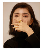 Yhpup Elegant Shell Pearl Ring Fashion Gold Stainless Steel Metal Texture 18 K Plated Geometric Charm Jewelry Women Engagement