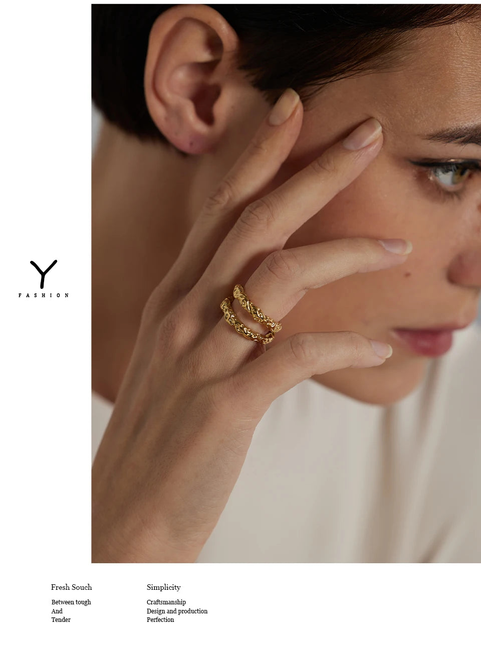 Yhpup Stainless Steel Round Rings For Women Gold Texture Metal 18 K Plated Statement Trendy Jewelry Bagues Pour Femme Gift