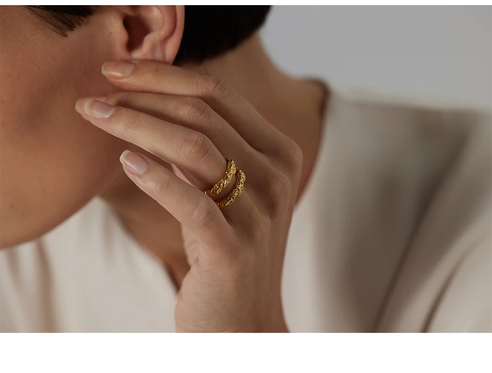 Yhpup Stainless Steel Round Rings For Women Gold Texture Metal 18 K Plated Statement Trendy Jewelry Bagues Pour Femme Gift