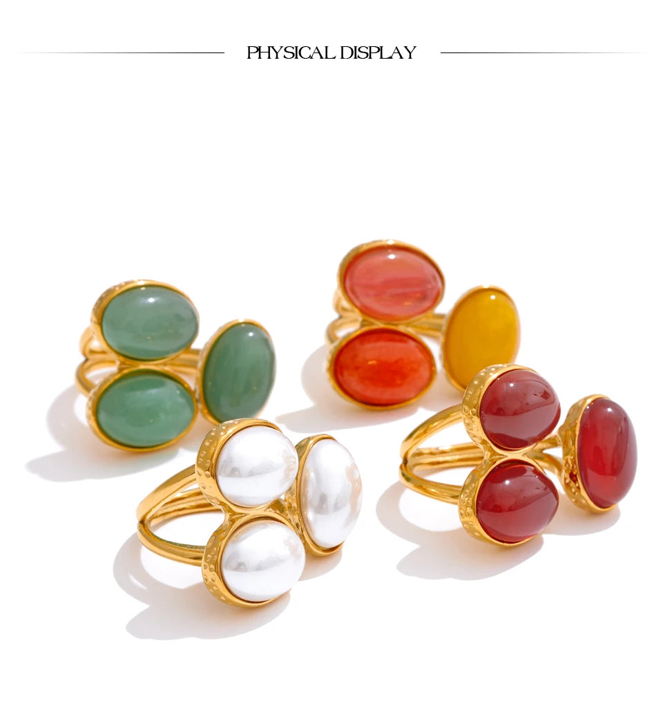 Yhpup Natural Aventurine Agate Stone Shell Pearl Flower Adjustable Ring Fashion Stainless Steel Charm Finger Jewelry Accessories