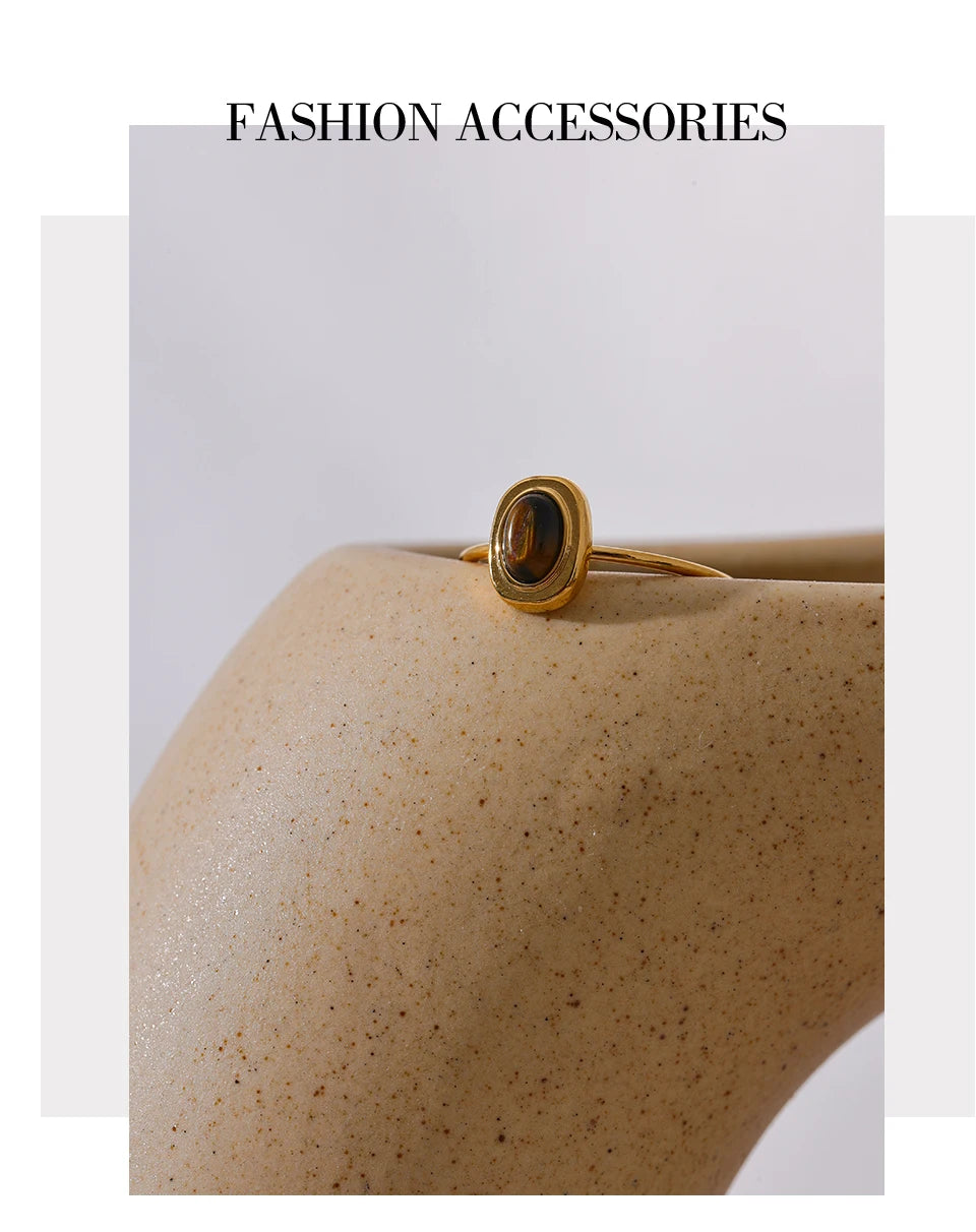 Yhpup Fashion Natural Stone Stainless Steel Oval Thin Chic Ring Women 18K PVD Plated Waterproof Jewelry Accessories Gift