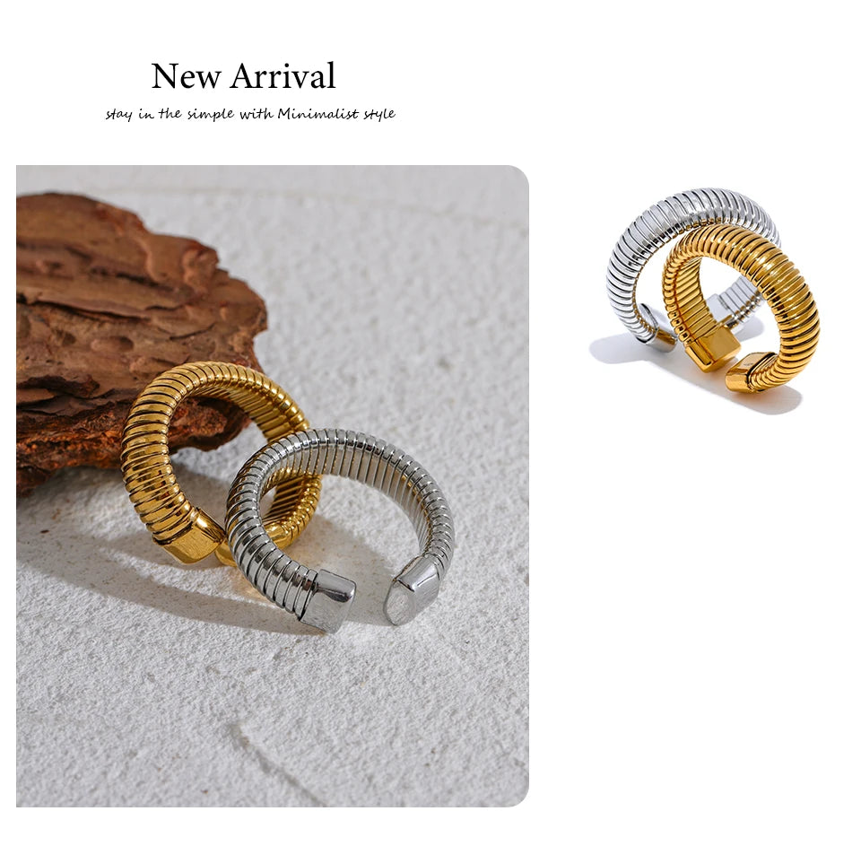 Yhpup Fashion Stainless Steel Round Elastic Open Ring Minimalist 18K PVD Plated Metal Classic Texture Jewelry Anillo Bijoux