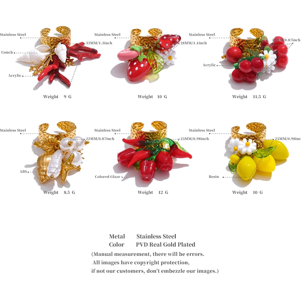 Yhpup Exclusive Design Strawberry Cherry Chilli Shell Resin Drop Open Adjustable Ring 18K Golden Stainless Steel Charm Jewelry