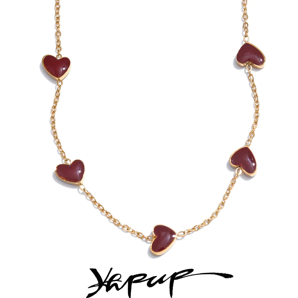 Yhpup Color Ancora Ankela Red Enamel Heart Love Chic Chain Necklace Women Stainless Steel Jewelry Valentine's Gift