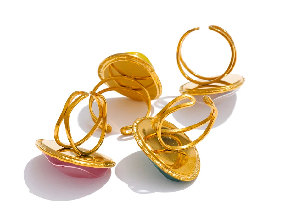 Yhpup Exquisite Candy Multi-Color White Pink Blue Yellow Resin Adjustable Ring Gold Color Stainless Steel Summer Jewelry Gift