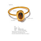 Yhpup Fashion Natural Stone Stainless Steel Oval Thin Chic Ring Women 18K PVD Plated Waterproof Jewelry Accessories Gift