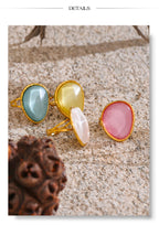 Yhpup Exquisite Candy Multi-Color White Pink Blue Yellow Resin Adjustable Ring Gold Color Stainless Steel Summer Jewelry Gift