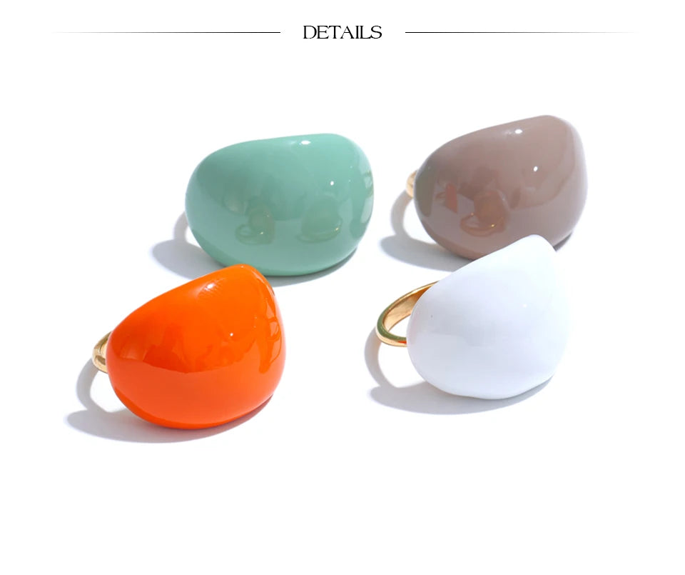 Yhpup Stainless Steel Fashion Joyful Candy Multi-Color Khaki Orange Blue White Enamel Ring Waterproof Adjustable Charm Jewelry