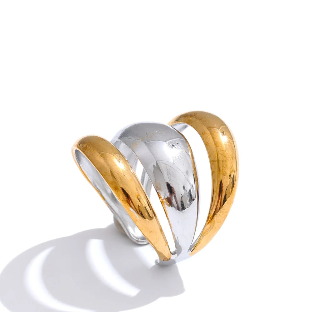 Yhpup Arrivals Glossy Stainless Steel Layered Hollow Open Ring for Women Distinctive Geometric Attractive Jewelry