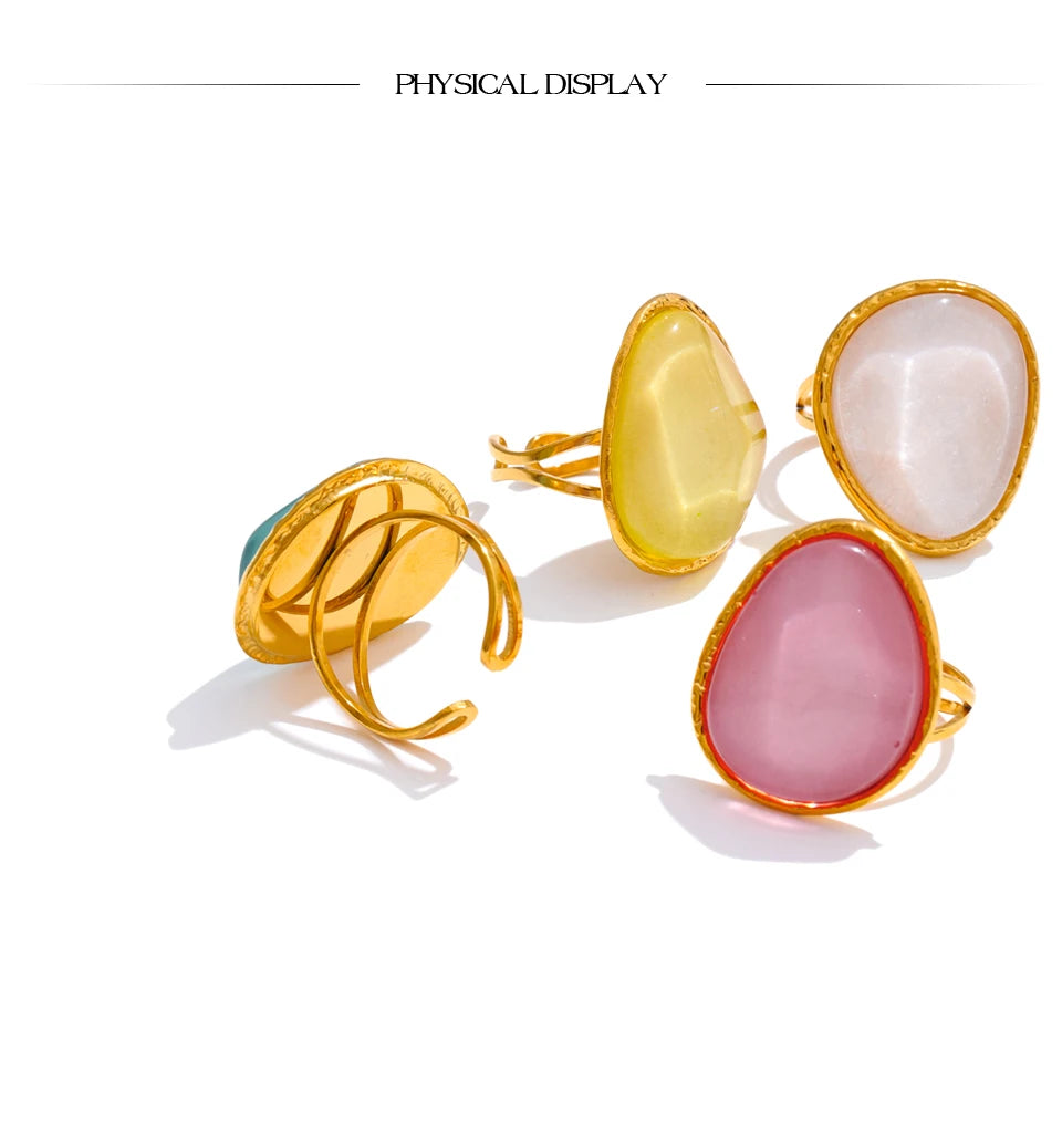 Yhpup Exquisite Candy Multi-Color White Pink Blue Yellow Resin Adjustable Ring Gold Color Stainless Steel Summer Jewelry Gift
