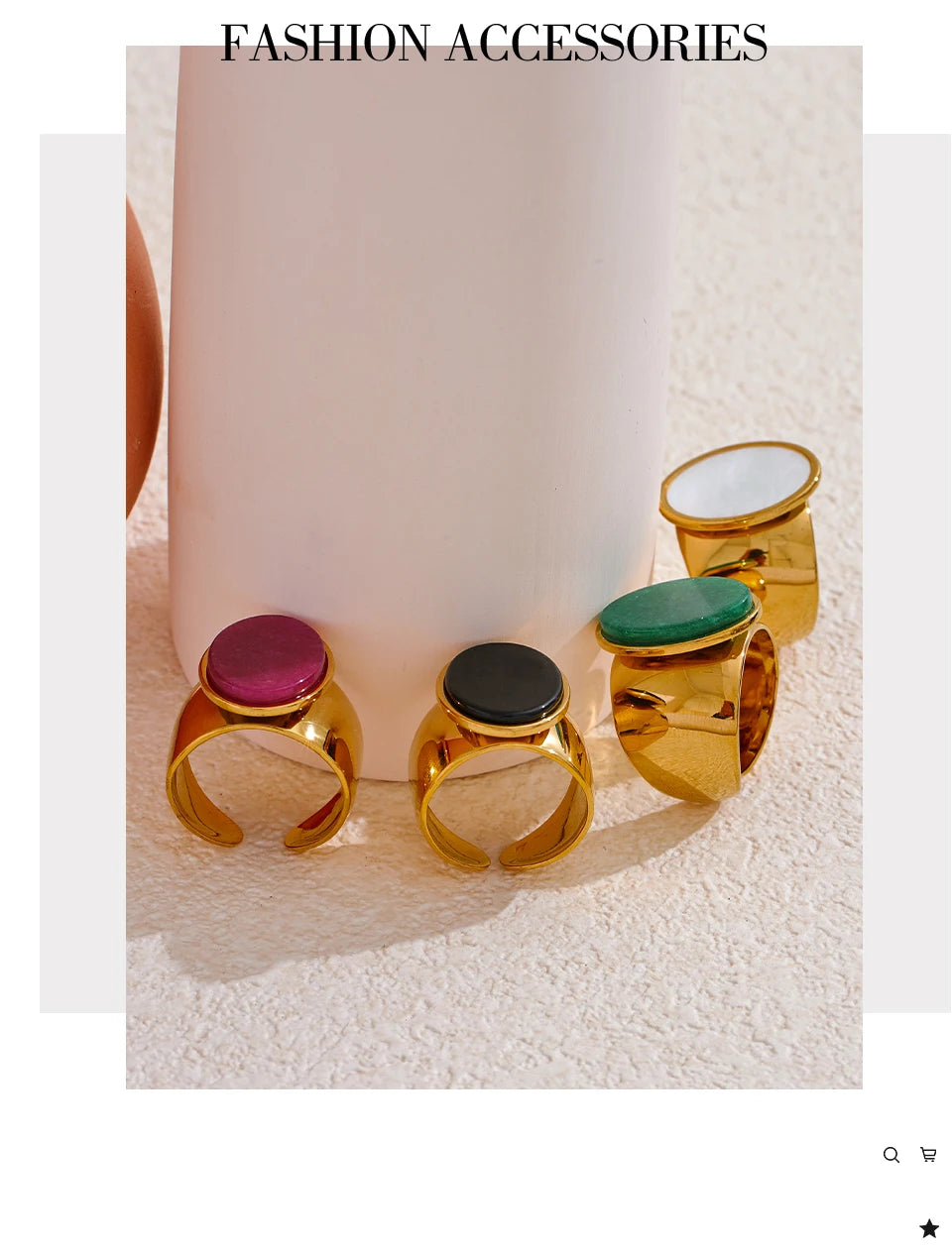 Yhpup PVD Plated Stone Stainless Steel Gold Color Wide Ring Summer Trendy Fashion Jewelry Accessories Bijoux