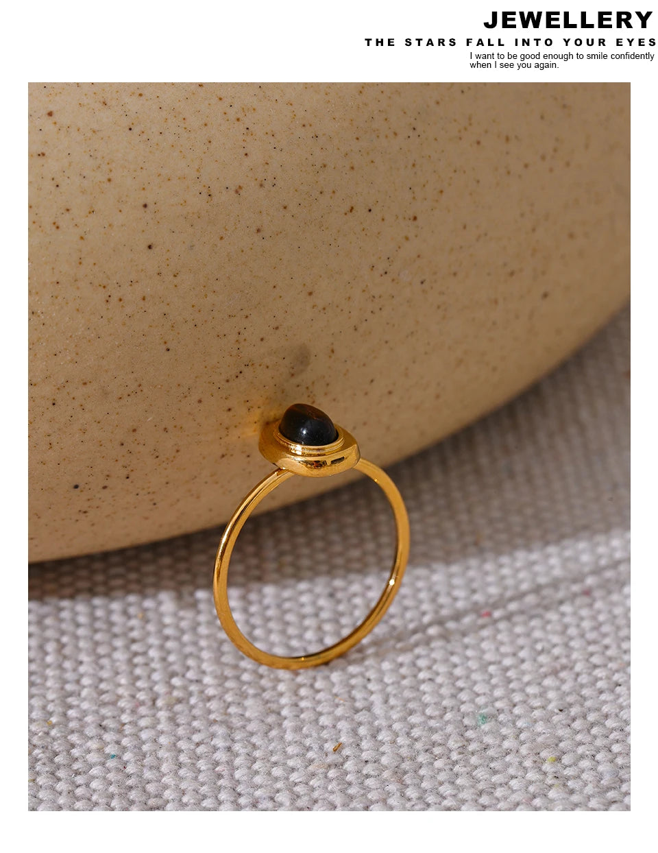 Yhpup Fashion Natural Stone Stainless Steel Oval Thin Chic Ring Women 18K PVD Plated Waterproof Jewelry Accessories Gift