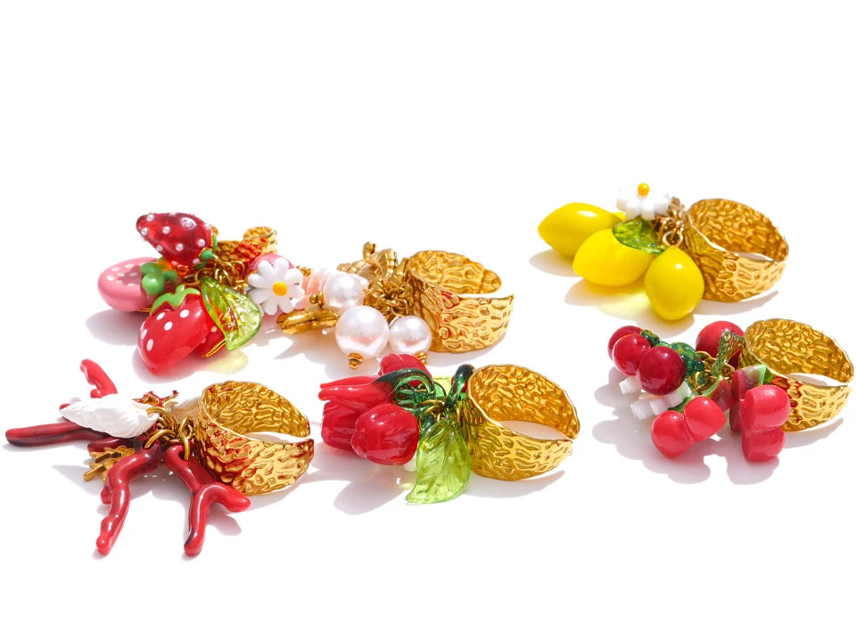 Yhpup Exclusive Design Strawberry Cherry Chilli Shell Resin Drop Open Adjustable Ring 18K Golden Stainless Steel Charm Jewelry