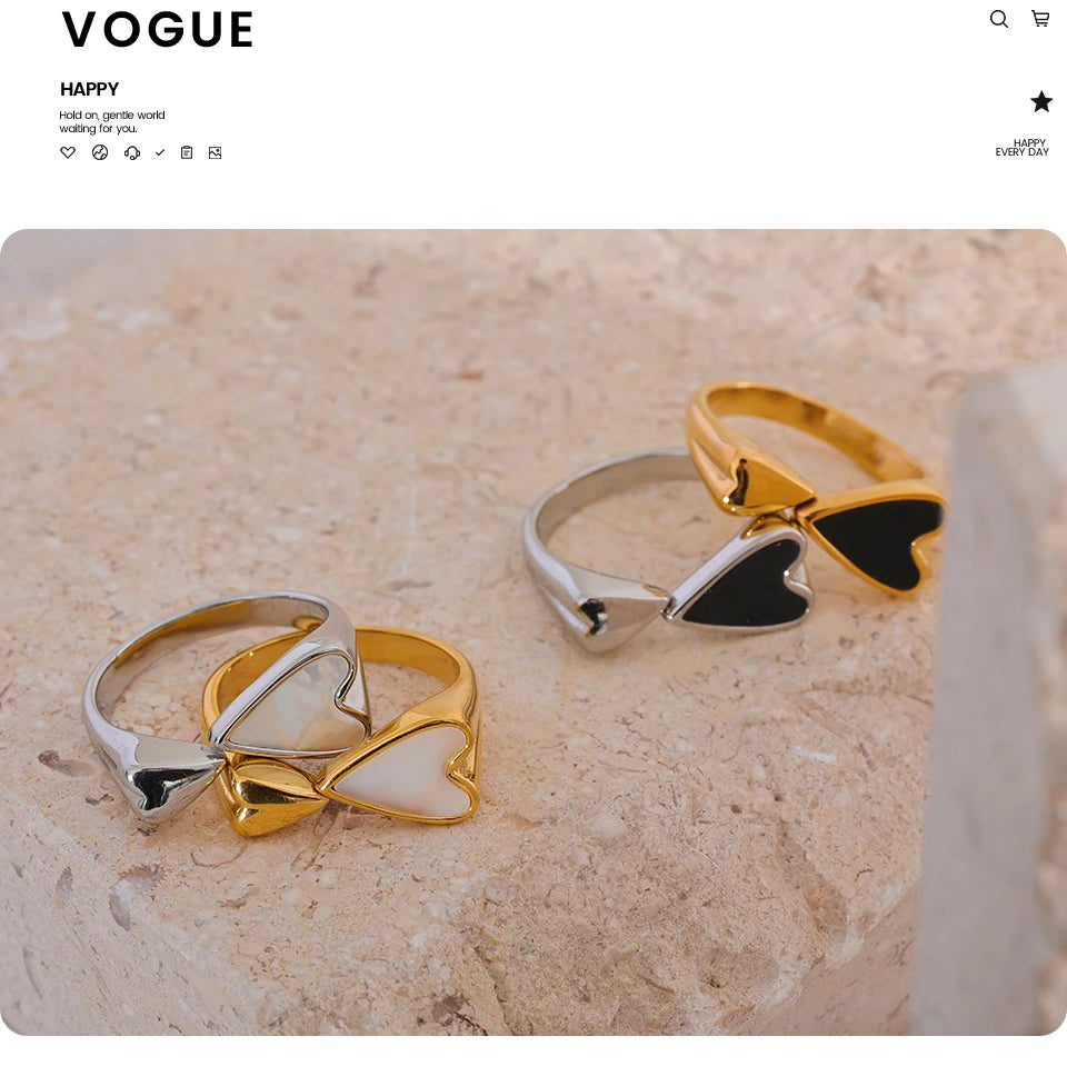 Yhpup Shell Acrylic Heart Stainless Steel Stylish Ring for Women Charms Metal Texture Waterproof Golden Jewelry Gala Gift