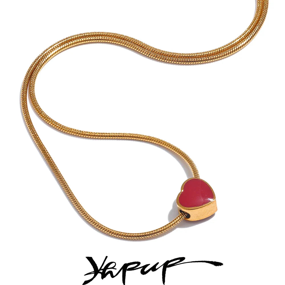 Yhpup Exquisite Handmade Polished Jewelry 316L Stainless Steel Red Enamel Small Heart Love Chic Necklace Fashion Charm Romantic