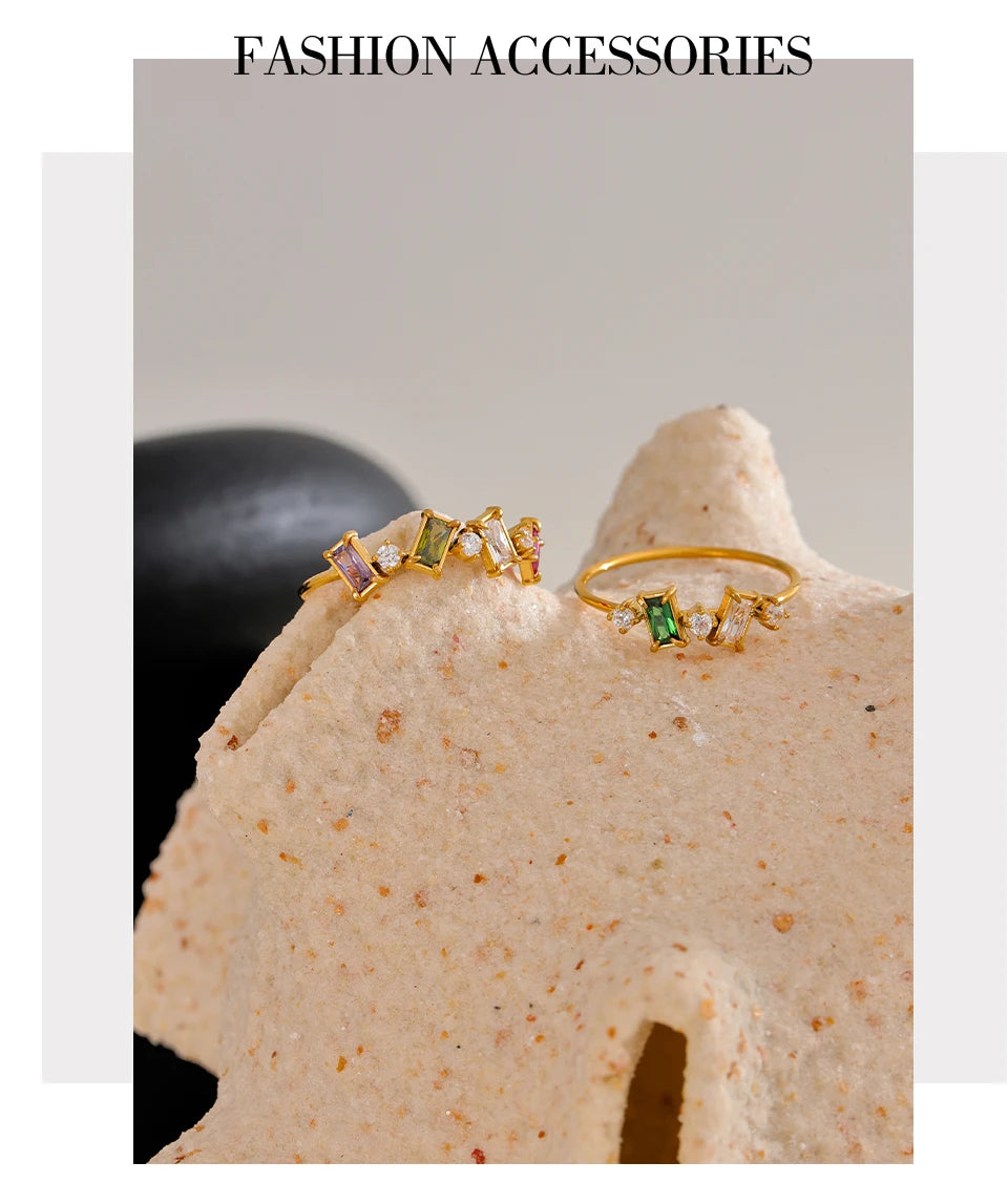 Yhpup Chic Bling Colorful Cubic Zirconia Thin Fashion Ring Waterproof Stainless Steel Trendy Exquisite Finger CZ Jewelry
