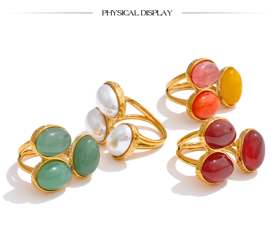 Yhpup Natural Aventurine Agate Stone Shell Pearl Flower Adjustable Ring Fashion Stainless Steel Charm Finger Jewelry Accessories