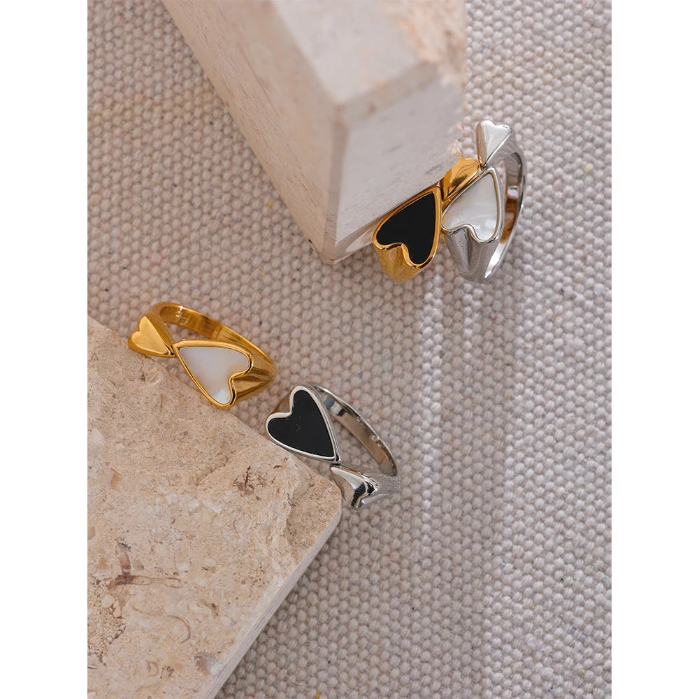 Yhpup Shell Acrylic Heart Stainless Steel Stylish Ring for Women Charms Metal Texture Waterproof Golden Jewelry Gala Gift