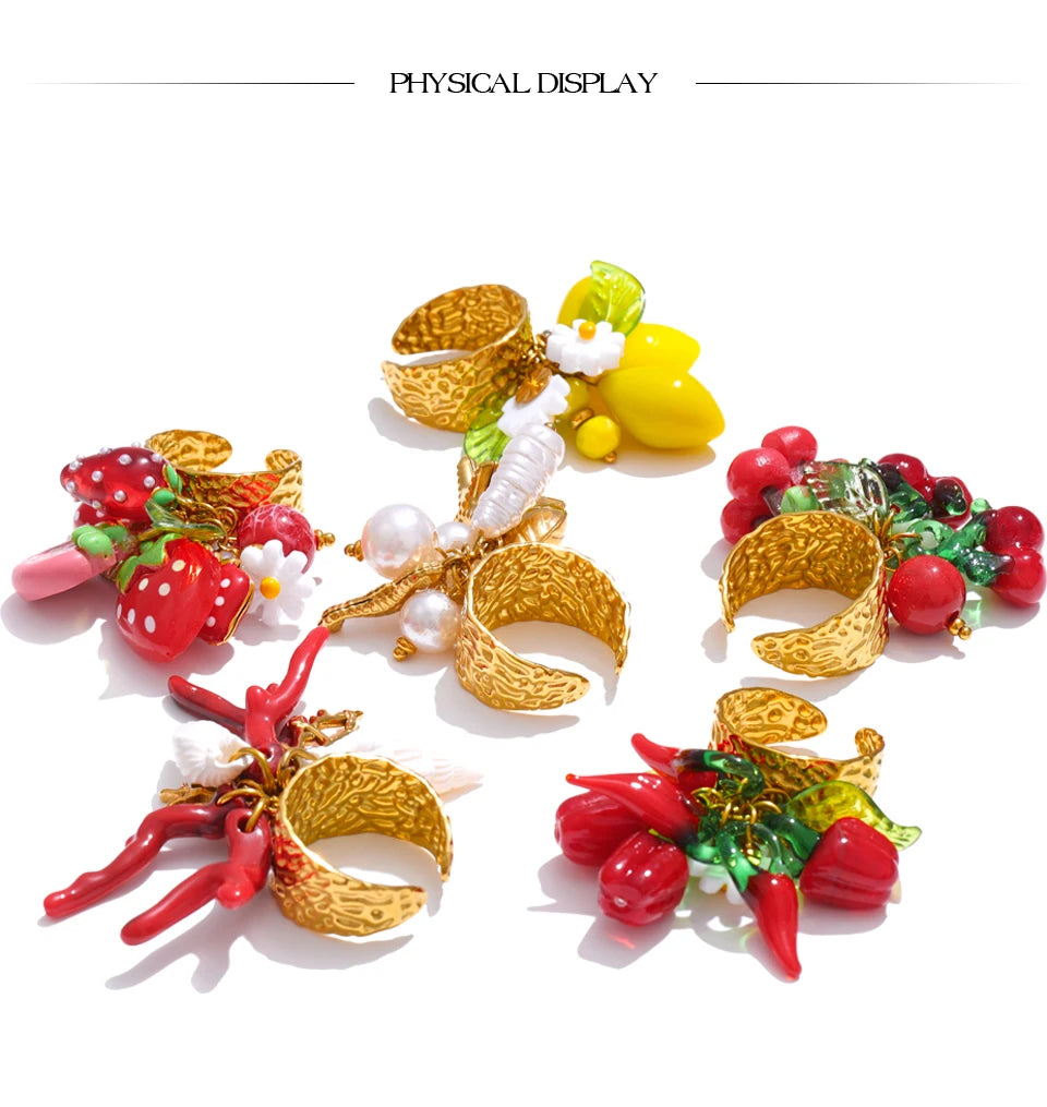 Yhpup Exclusive Design Strawberry Cherry Chilli Shell Resin Drop Open Adjustable Ring 18K Golden Stainless Steel Charm Jewelry