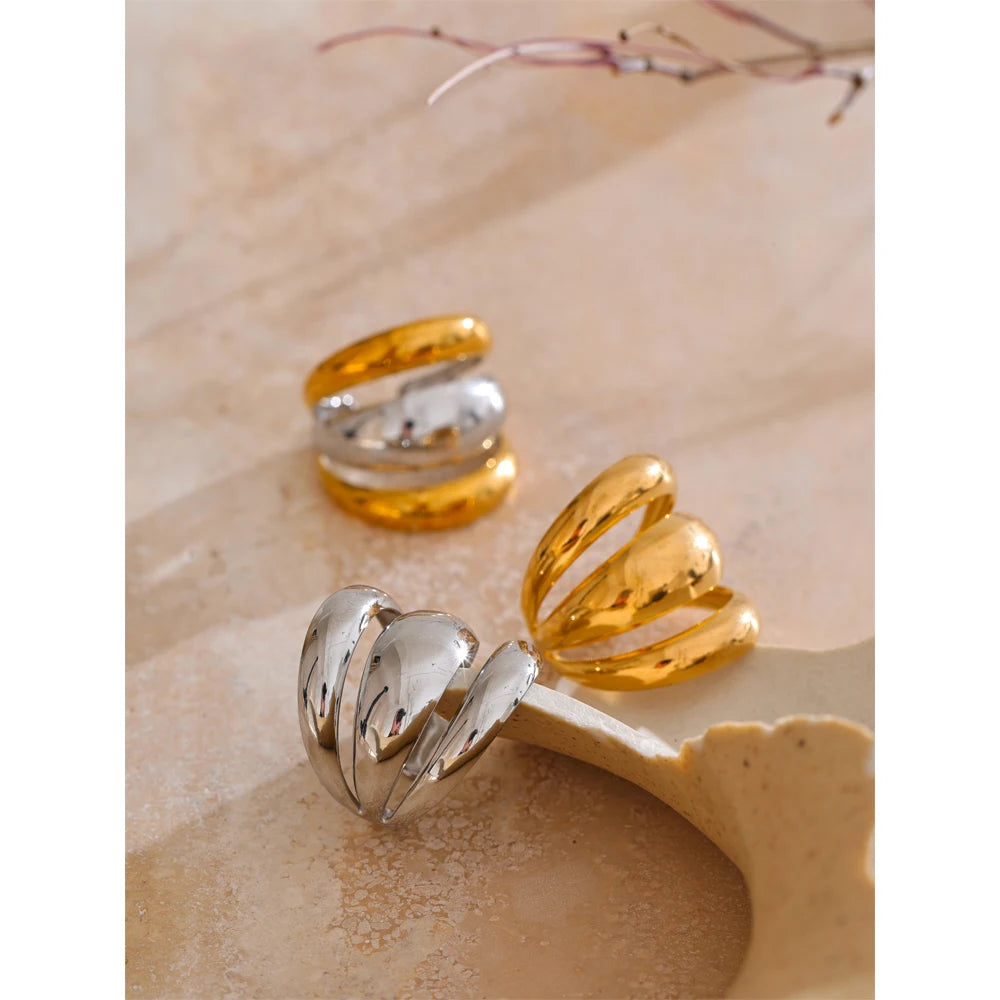 Yhpup Arrivals Glossy Stainless Steel Layered Hollow Open Ring for Women Distinctive Geometric Attractive Jewelry