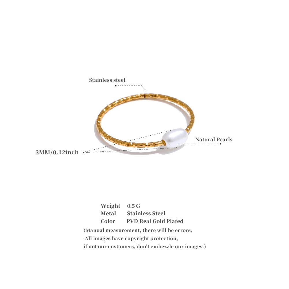 Yhpup Trendy Stainless Steel Natural Pearl Thin Finger Ring for Women Summer Versatile Daily Jewelry Accessories Gift