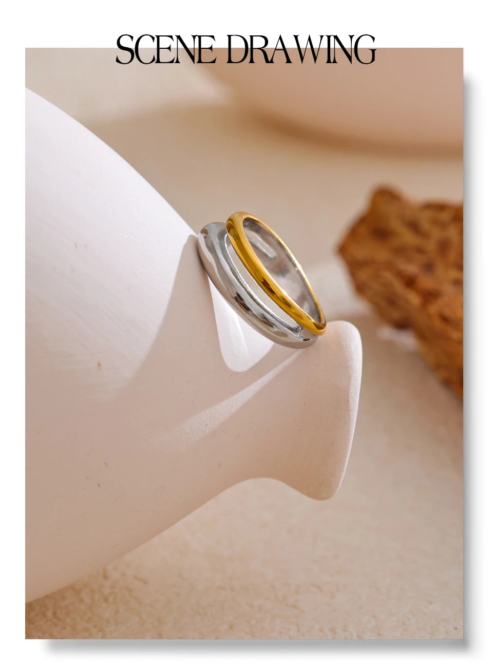 Yhpup 6789# Statement Stainless Steel Metal Double Color Geometric Casting Ring for Women Water Resistant Trendy Jewelry Gift