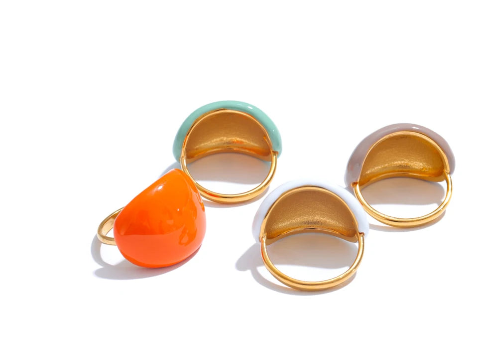 Yhpup Stainless Steel Fashion Joyful Candy Multi-Color Khaki Orange Blue White Enamel Ring Waterproof Adjustable Charm Jewelry