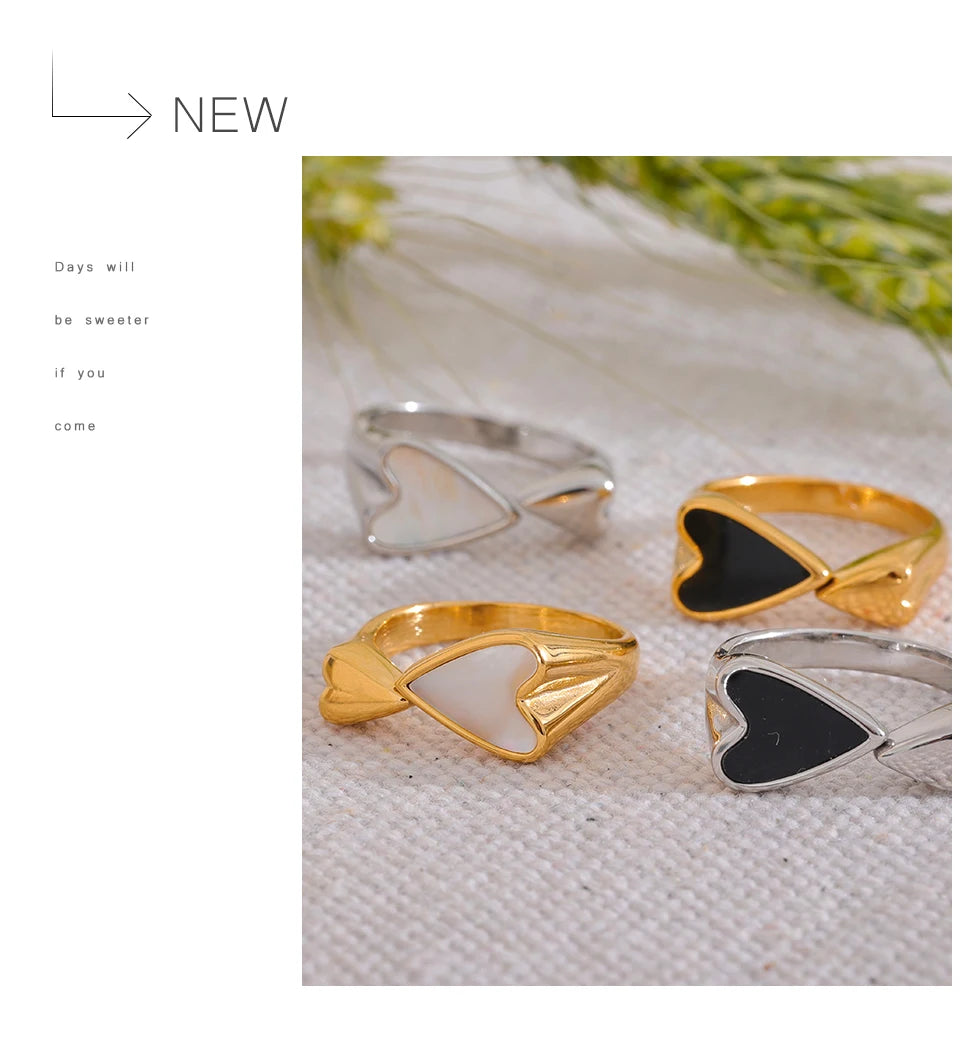 Yhpup Shell Acrylic Heart Stainless Steel Stylish Ring for Women Charms Metal Texture Waterproof Golden Jewelry Gala Gift