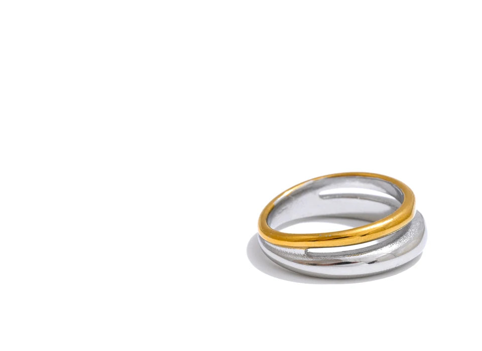 Yhpup 6789# Statement Stainless Steel Metal Double Color Geometric Casting Ring for Women Water Resistant Trendy Jewelry Gift