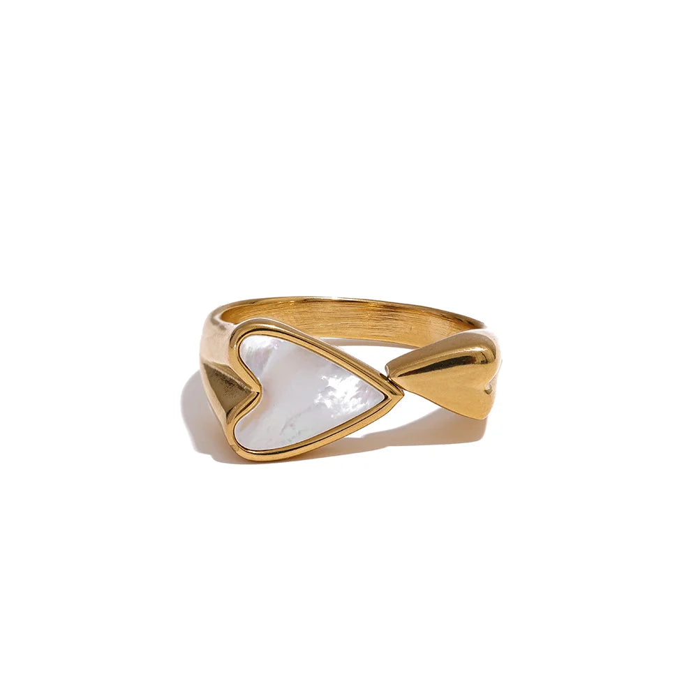 Yhpup Shell Acrylic Heart Stainless Steel Stylish Ring for Women Charms Metal Texture Waterproof Golden Jewelry Gala Gift