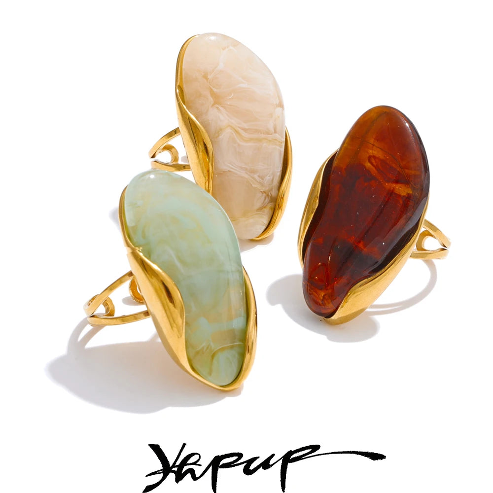 Yhpup New Design Brown Green Beige Resin Geometric Adjustable Ring Golden PVD Stainless Steel Rust Proof Finger Jewelry Gift