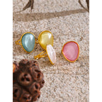 Yhpup Exquisite Candy Multi-Color White Pink Blue Yellow Resin Adjustable Ring Gold Color Stainless Steel Summer Jewelry Gift