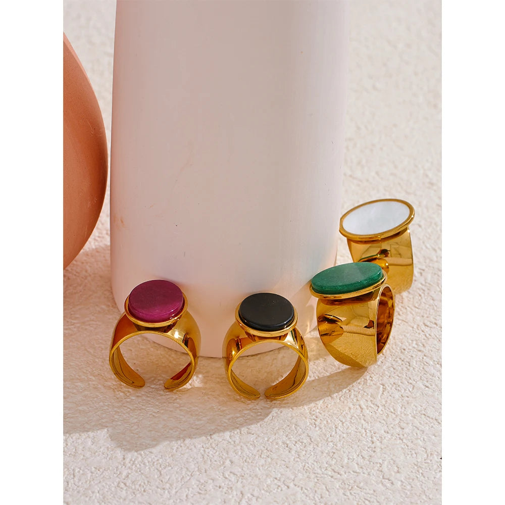 Yhpup PVD Plated Stone Stainless Steel Gold Color Wide Ring Summer Trendy Fashion Jewelry Accessories Bijoux