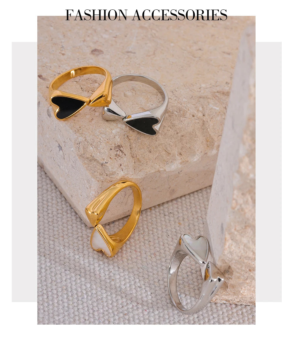 Yhpup Shell Acrylic Heart Stainless Steel Stylish Ring for Women Charms Metal Texture Waterproof Golden Jewelry Gala Gift