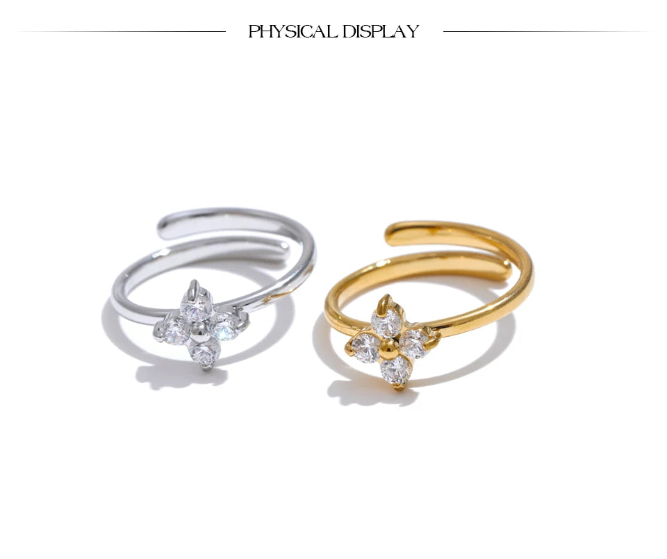 Yhpup Exquisite Stainless Steel Bling Cubic Zirconia Flower Adjustable Ring for Women Fashion Shiny Finger Jewelry New