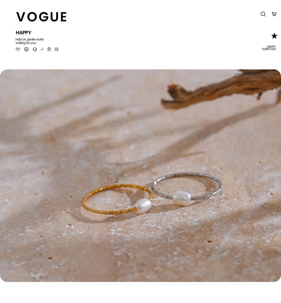 Yhpup Trendy Stainless Steel Natural Pearl Thin Finger Ring for Women Summer Versatile Daily Jewelry Accessories Gift