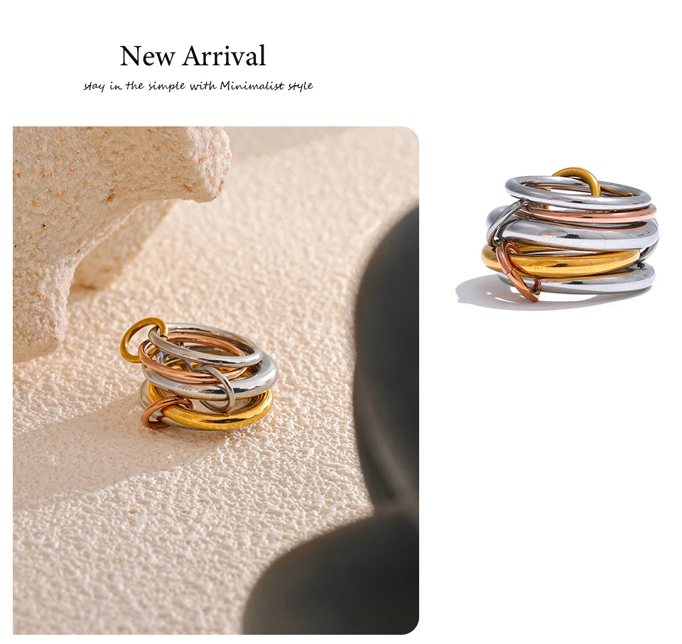 Yhpup Stainless Steel 3 Colors 5 Links Stacked Rings PVD Real Gold Plated Jewelry for Women