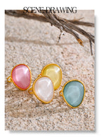 Yhpup Exquisite Candy Multi-Color White Pink Blue Yellow Resin Adjustable Ring Gold Color Stainless Steel Summer Jewelry Gift