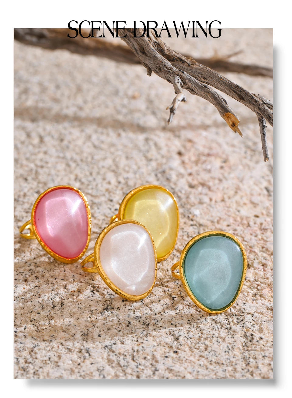 Yhpup Exquisite Candy Multi-Color White Pink Blue Yellow Resin Adjustable Ring Gold Color Stainless Steel Summer Jewelry Gift