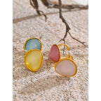 Yhpup Exquisite Candy Multi-Color White Pink Blue Yellow Resin Adjustable Ring Gold Color Stainless Steel Summer Jewelry Gift