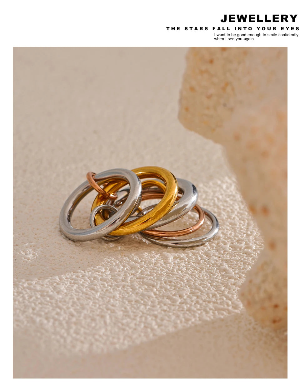 Yhpup Stainless Steel 3 Colors 5 Links Stacked Rings PVD Real Gold Plated Jewelry for Women