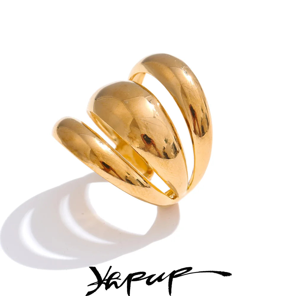 Yhpup Arrivals Glossy Stainless Steel Layered Hollow Open Ring for Women Distinctive Geometric Attractive Jewelry