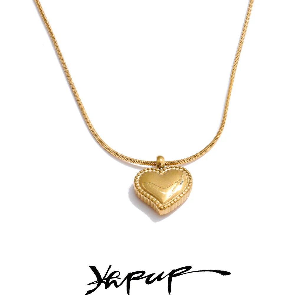 Yhpup Stainless Steel Heart Love Necklace Chic Casting Pendant for Women PVD Plated Attractive Romantic Daily Wear Jewelry Gift